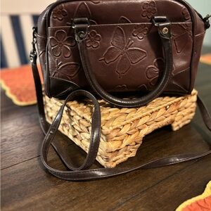 Elegant Boho Brown Embossed  Handbag With Butterflies and Flowers.